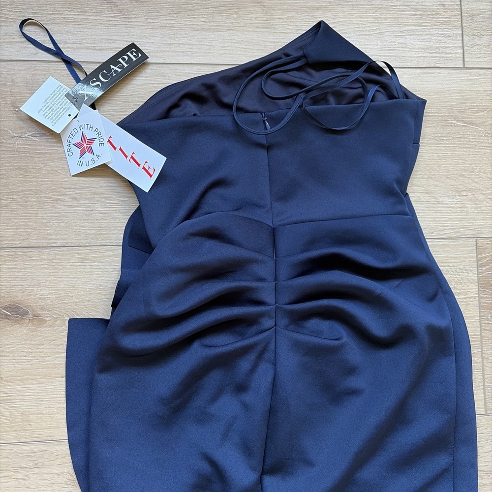Xscape Petite Gown 10P Navy One Shoulder Ruffle Sheath Formal Wedding Guest NWT - Picture 9 of 9